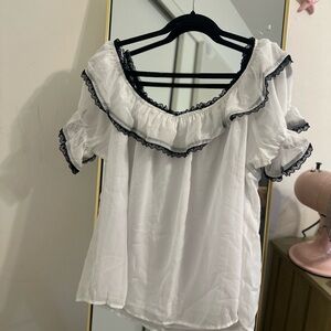 Vixen By Micheline Pitt Chiffon Peasant Top White w/Black Lace